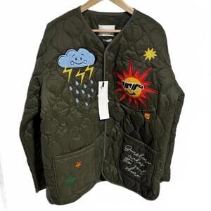 First Row Olive Green Quilted Embroidered Bomber Jacket
